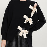 Angela | Organic Black O-Neck Patchwork Asymmetrical Design Fall Knit Knitted Sweaters