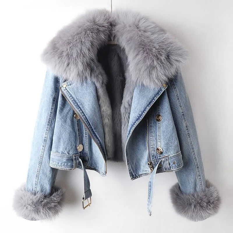 Margaux | Luxurious Denim Jacket with Fox Fur