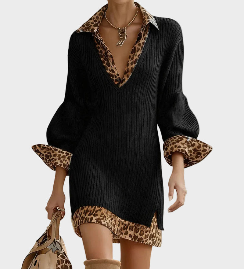 Sotiria | Mini Vestido de Malha com Acabamento Leopardo