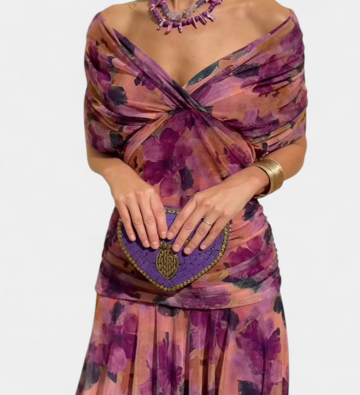 Alondra Long Dress with Floral Fancy Design and Neckline