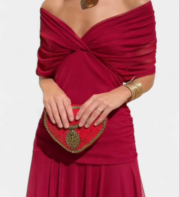 Alondra Long Dress with Floral Fancy Design and Neckline