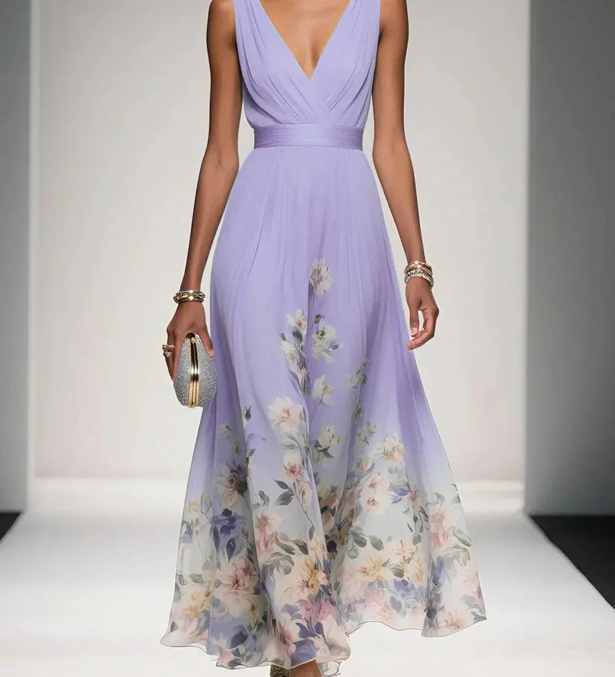 Thalia | Light Blue Floral Satin V-Neck Maxi Dress