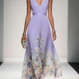 Thalia | Light Blue Floral Satin V-Neck Maxi Dress