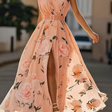 Leda | Light Green Floral One-Shoulder Satin Maxi Dress