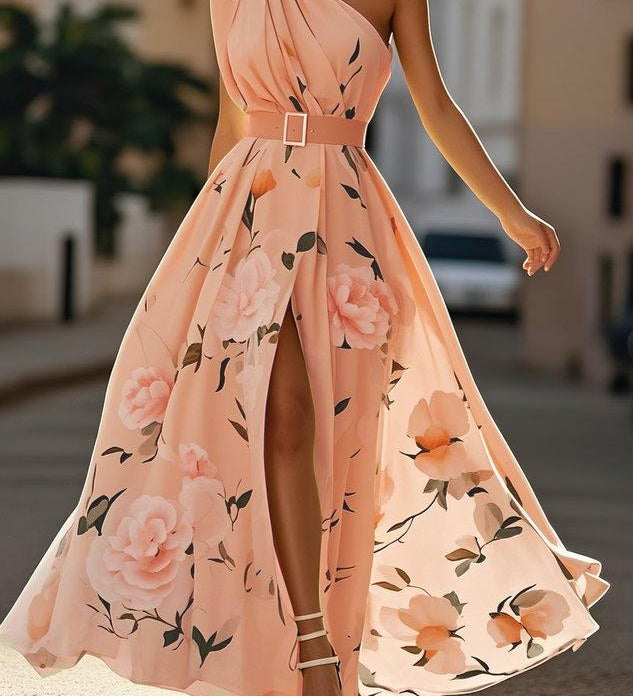 Leda | Light Green Floral One-Shoulder Satin Maxi Dress