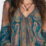 Alina | Bohemian Chiffon Blouse with Paisley Pattern in Teal and Amber with Ruffles on the Cuffs