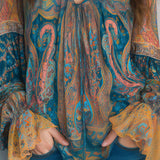 Alina | Bohemian Chiffon Blouse with Paisley Pattern in Teal and Amber with Ruffles on the Cuffs