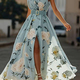 Leda | Light Green Floral One-Shoulder Satin Maxi Dress