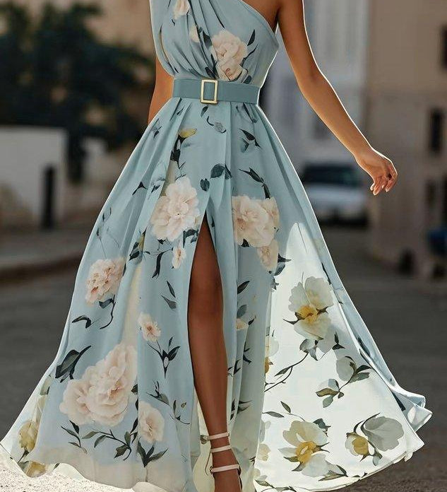 Leda | Light Green Floral One-Shoulder Satin Maxi Dress