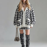 Ora | Casual Chic Cardigan with V-Neck, Single-Breasted, Oversized, Long Sleeve, Knitted, Houndstooth Pattern