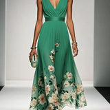 Thalia | Light Blue Floral Satin V-Neck Maxi Dress