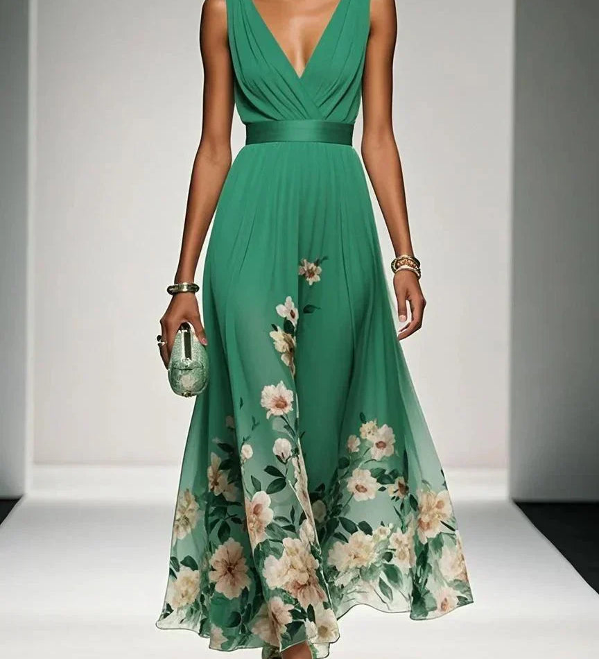 Thalia | Light Blue Floral Satin V-Neck Maxi Dress
