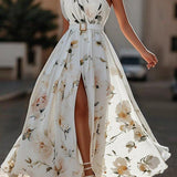 Leda | Light Green Floral One-Shoulder Satin Maxi Dress
