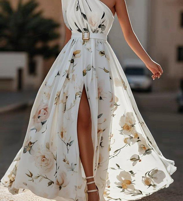Leda | Light Green Floral One-Shoulder Satin Maxi Dress