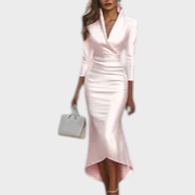 Blanca | Vestido de Cetim Branco Feminino Cruzado Decote em V Manga 3/4 Jaqueta Bodycon Maxi de Saia Alta Baixa