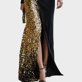 Jemaica | Elegant Black And Gold Rhinestone High Neck Maxi Dress