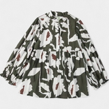 Filomena Blouse with Half Buttons, Puffed Sleeves and Abstract Floral Design