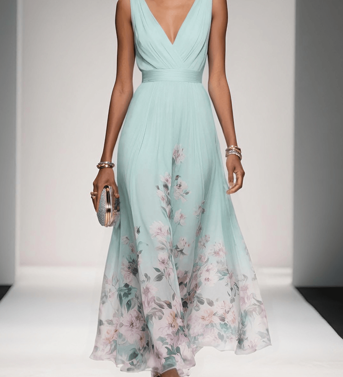 Thalia | Light Blue Floral Satin V-Neck Maxi Dress