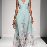 Thalia | Light Blue Floral Satin V-Neck Maxi Dress