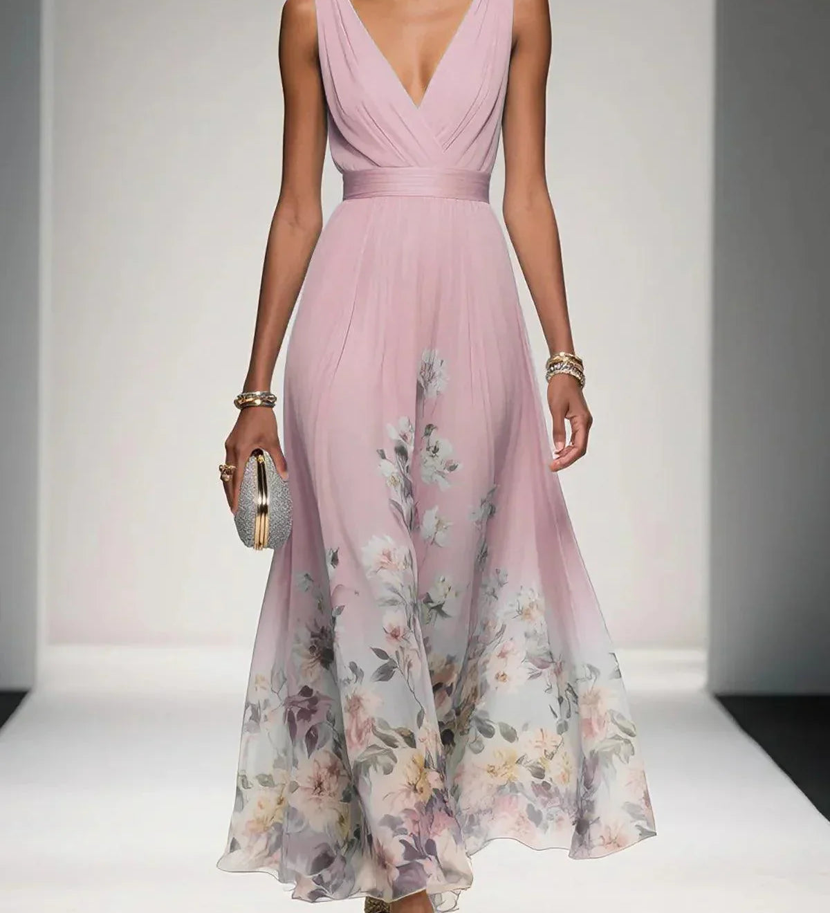 Thalia | Light Blue Floral Satin V-Neck Maxi Dress