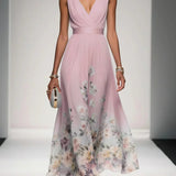 Thalia | Light Blue Floral Satin V-Neck Maxi Dress