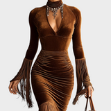 Ramona | Mocha Velvet Maxi Dress with Buttons and Tassels
