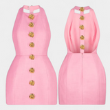 Yvonne Mini Dress with Tied Neck, Open Back and Floral Detail