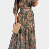 Aisha Maxi Floral Dress with Flowy Silhouette and Leaf Pattern