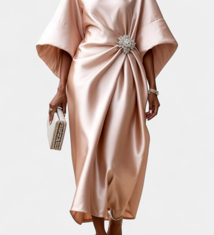 Ubelia Vestido comprido de cetim com acabamento brilhante Luxe