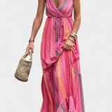 Asunción Long Pink Dress with Multicolored Stripes