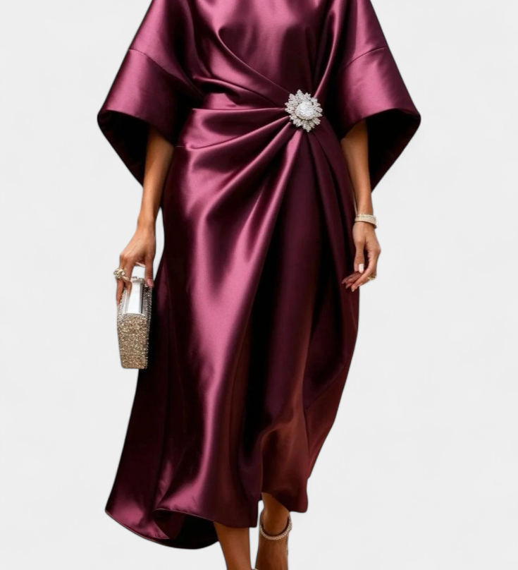 Ubelia Vestido comprido de cetim com acabamento brilhante Luxe
