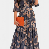 Aisha Maxi Floral Dress with Flowy Silhouette and Leaf Pattern