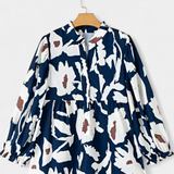 Filomena Blouse with Half Buttons, Puffed Sleeves and Abstract Floral Design