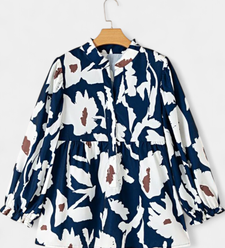 Filomena Blouse with Half Buttons, Puffed Sleeves and Abstract Floral Design