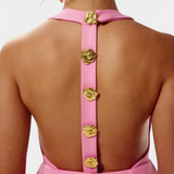 Yvonne Mini Dress with Tied Neck, Open Back and Floral Detail