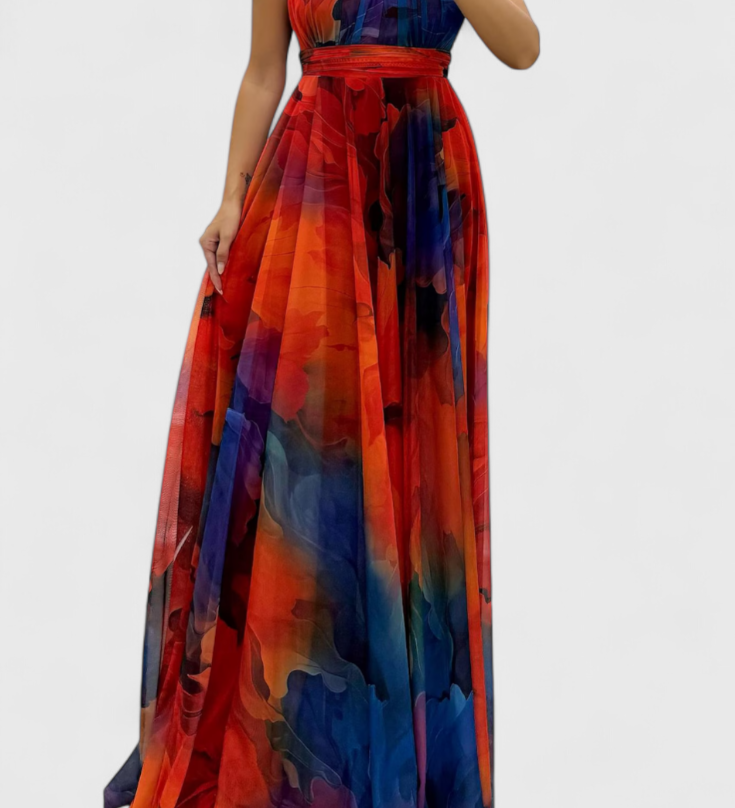 Caprice Maxi Chiffon Floral Dress with Tie Neck