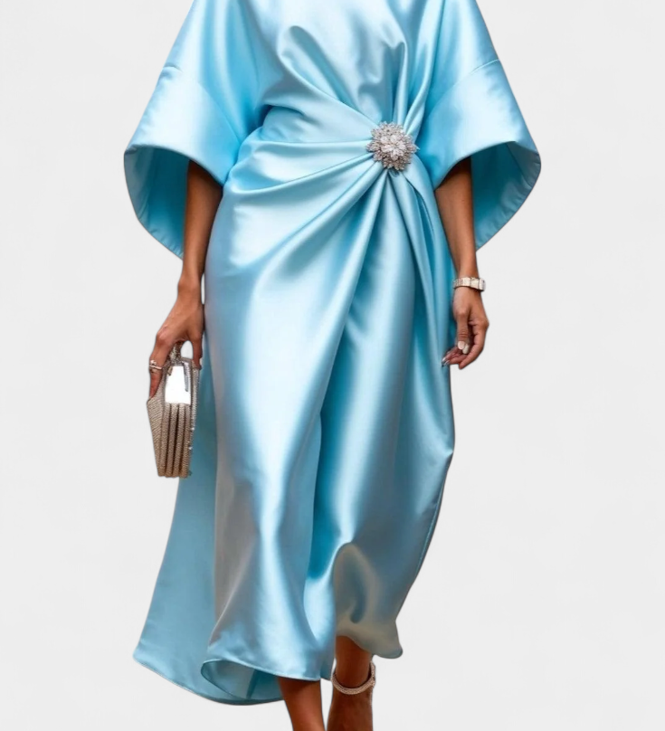 Ubelia Vestido comprido de cetim com acabamento brilhante Luxe