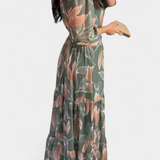 Aisha Maxi Floral Dress with Flowy Silhouette and Leaf Pattern