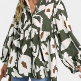 Filomena Blouse with Half Buttons, Puffed Sleeves and Abstract Floral Design