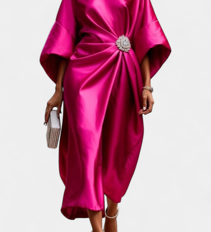 Ubelia Vestido comprido de cetim com acabamento brilhante Luxe