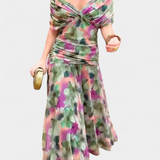Alondra Long Dress with Fancy Floral Design and V-Neck