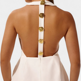 Yvonne Mini Dress with Tied Neck, Open Back and Floral Detail