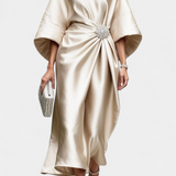 Ubelia Vestido comprido de cetim com acabamento brilhante Luxe