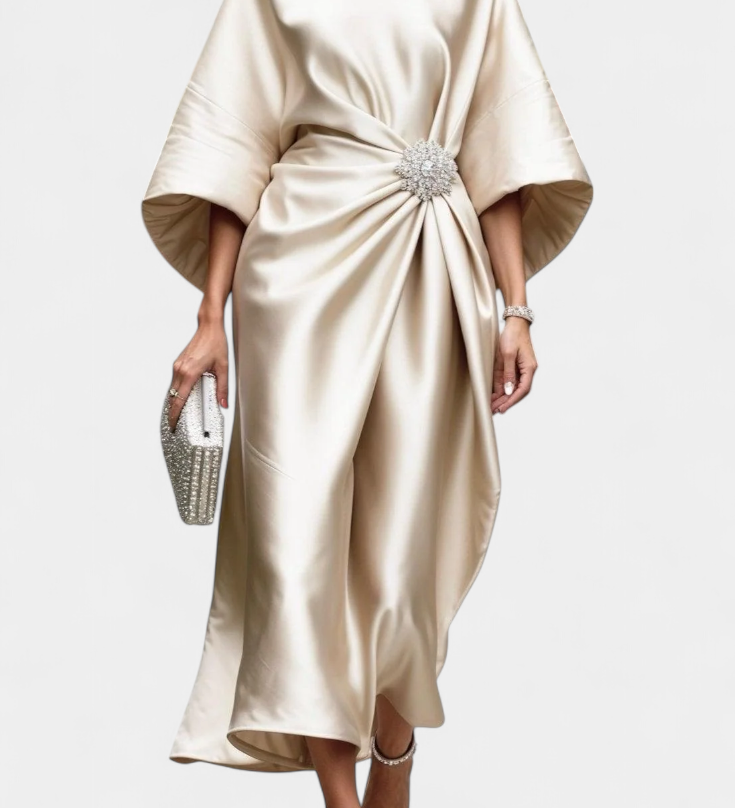 Ubelia Vestido comprido de cetim com acabamento brilhante Luxe