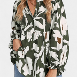 Filomena Blouse with Half Buttons, Puffed Sleeves and Abstract Floral Design