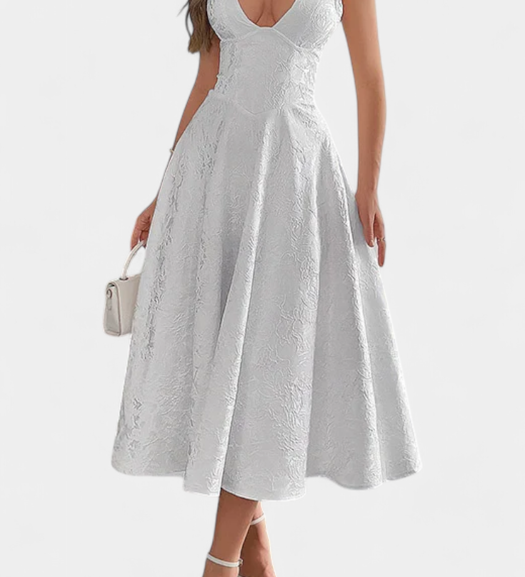 Gilda Jacquard Midi Φόρεμα με Ανοιχτή Πλάτη και Ψηλή Μέση