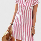 Sandrine Ριγέ Λινό Φόρεμα Πουκάμισο με Κουμπιά