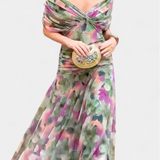 Alondra Long Dress with Floral Fancy Design and Neckline