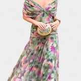Alondra Long Dress with Fancy Floral Design and V-Neck
