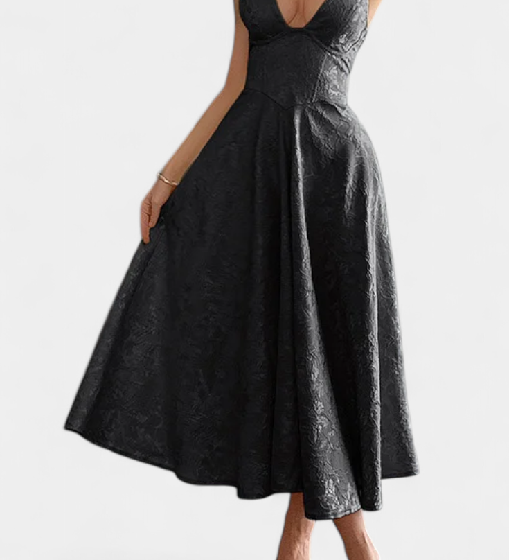 Gilda Jacquard Midi Φόρεμα με Ανοιχτή Πλάτη και Ψηλή Μέση